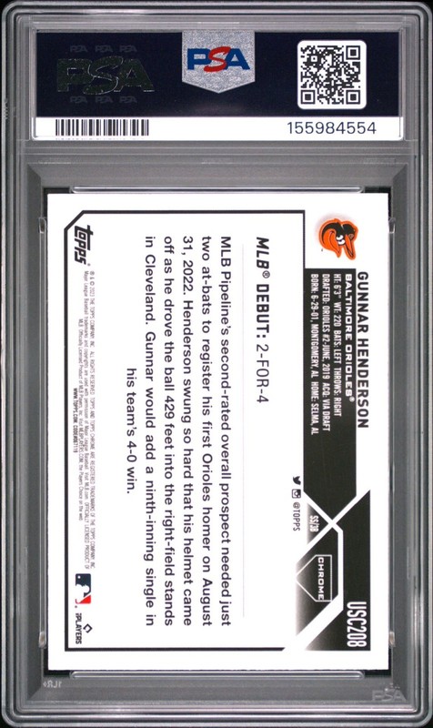 2023 Topps Chrome Update  USC208 Gunnar Henderson Sepia Refractor RC PSA 9 view 2