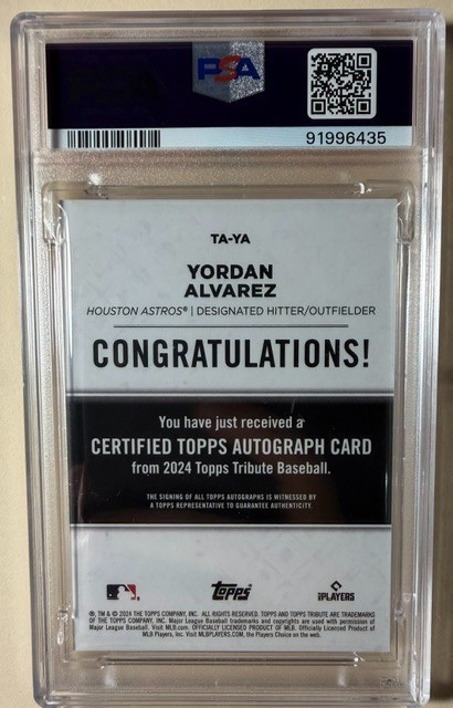 2024 Topps Tribute #TAYA Yordan Alvarez Autograph Purple #/50 PSA 10 view 2