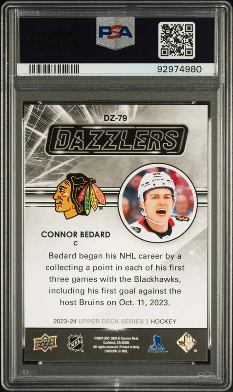 2023 UPPER DECK CONNOR BEDARD PINK DAZZLERS RC PSA 8 view 2