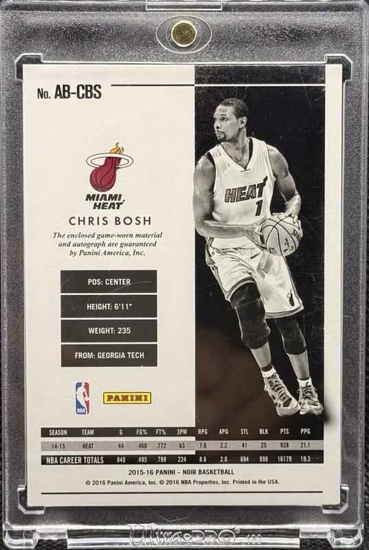2015-16 PANINI NOIR CHRIS BOSH GAME USED WORN PATCH AUTO /25 MIAMI HEAT view 2