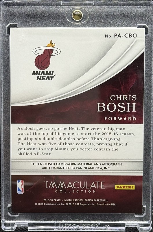 2015-16 PANINI IMMACULATE CHRIS BOSH GAME USED WOR PATCH AUTO /60 MIAMI HEAT HOF view 2