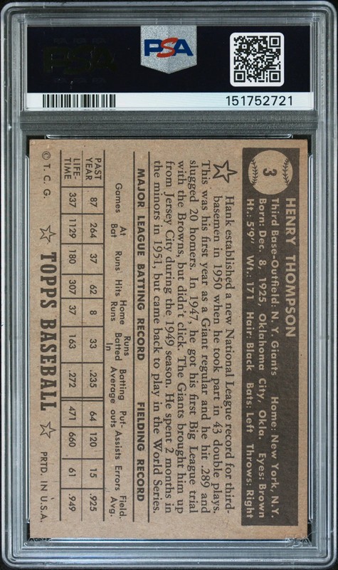 1952 Topps Hank Thompson #3 Black Back PSA 4 view 2