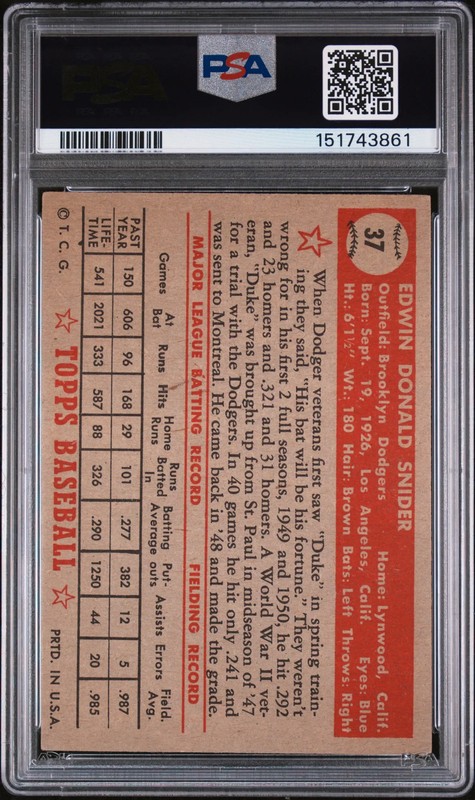1952 Topps Duke Snider #37 PSA 3 view 2