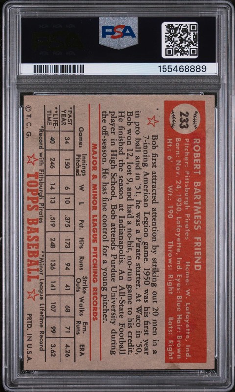 1952 Topps Bob Friend #233 PSA 2 view 2