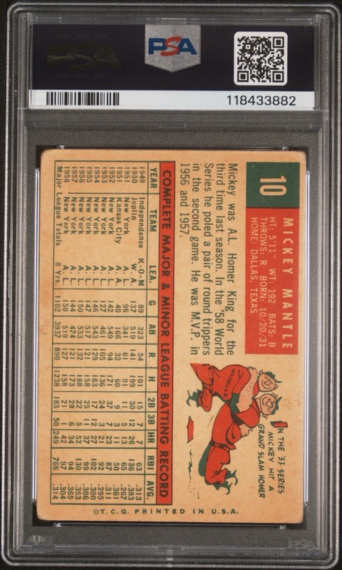 1959 Topps Mickey Mantle #10 PSA 2 view 2