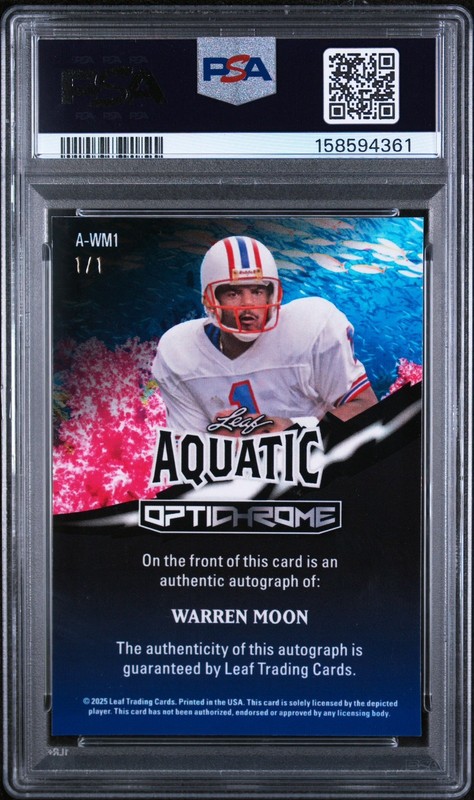 Warren Moon Auto 2025 Leaf OptiChrome Aquatic 1/1 A-WM1 Houston Oilers view 2