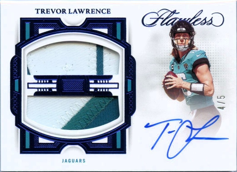 TREVOR LAWRENCE 2022 FLAWLESS SAPPHIRE BLUE DUAL JERSEY PATCH AUTO SP 4/5