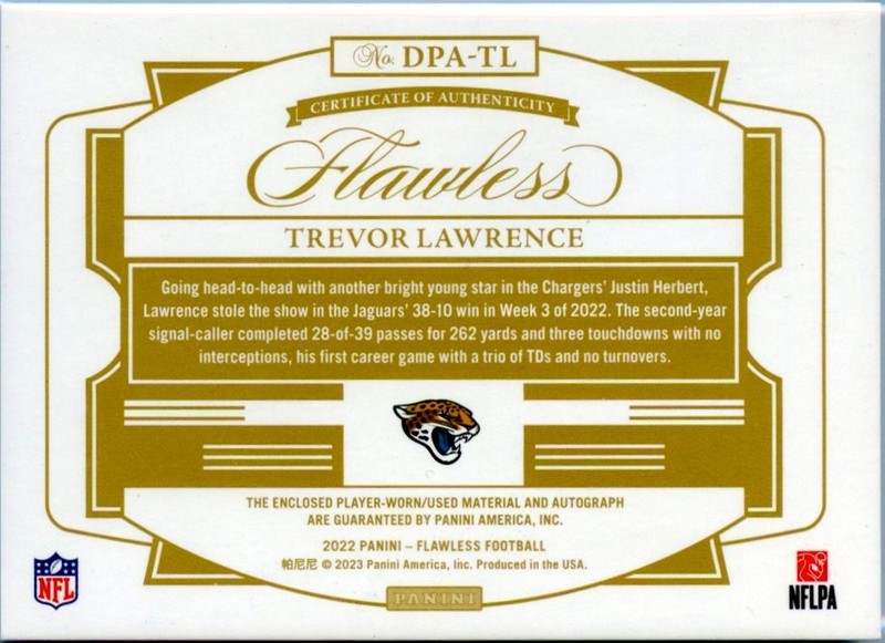 TREVOR LAWRENCE 2022 FLAWLESS SAPPHIRE BLUE DUAL JERSEY PATCH AUTO SP 4/5 view 2