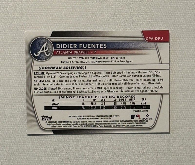 2025 Bowman Chrome Didier Fuentes Speckle 1st Bowman AUTO 125/299 Card #CPA-DFU view 2