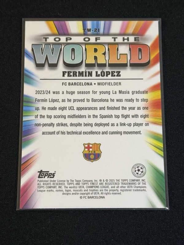 Topps 2024-25 Finest UEFA Top of the World Fermin Lopez Barcelona TW-21 /299 view 2