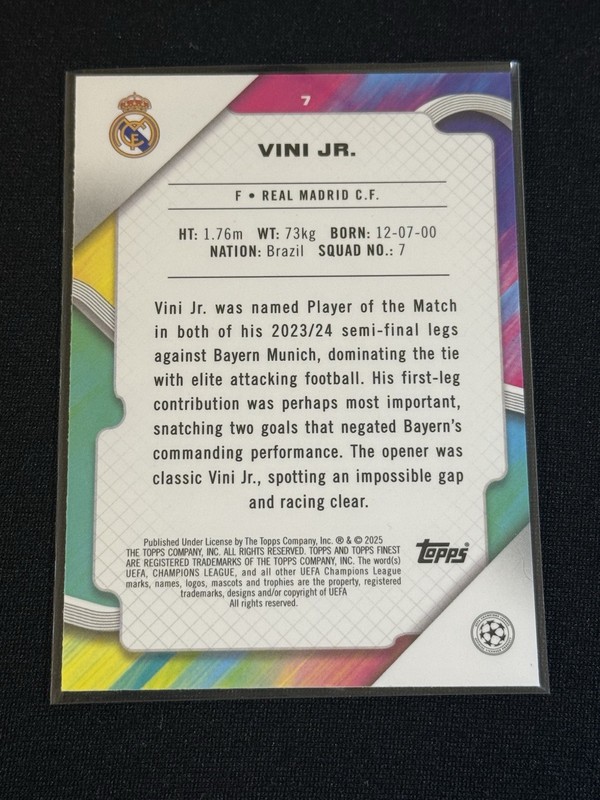 Topps Finest 2024-25 UEFA Vini Jr. Real Madrid C.F. #7 Purple Refractor /299 view 2