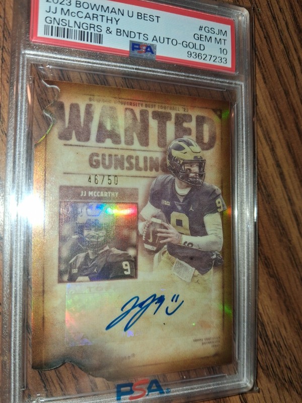 2023 JJ McCarthy Rookie Auto Bowmans Best Gold Die Cut 46/50 PSA 10 Gem! Pop 7 view 2