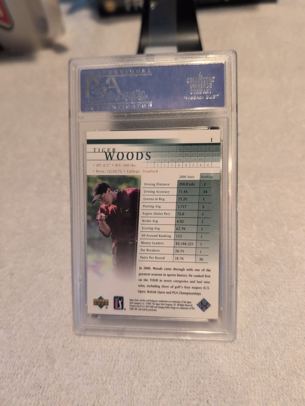 2001 Upper Deck Golf Tiger Woods #1 Rookie Card PSA 10 Gem Mint HOF view 2