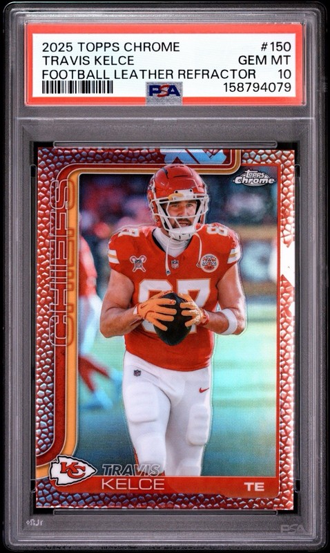 2025 Topps Chrome Football Leather Refractor Travis Kelce #150 PSA 10 GEM POP 1 view 2
