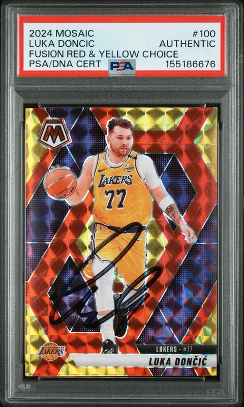 2024 LUKA DONCIC Panini Mosaic #100 Lakers PSA/DNA Auto Choice Red Yellow /75