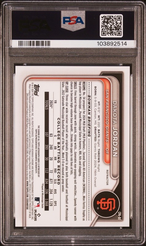 2024 Bowman Draft 1st Dakota Jordan Chrome Auto Refractor /499 Gem Mint PSA 10 view 2