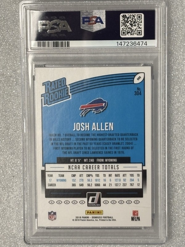 2018 Josh Allen Donruss Blue Press Proof #304 Rookie Card PSA 8 view 2