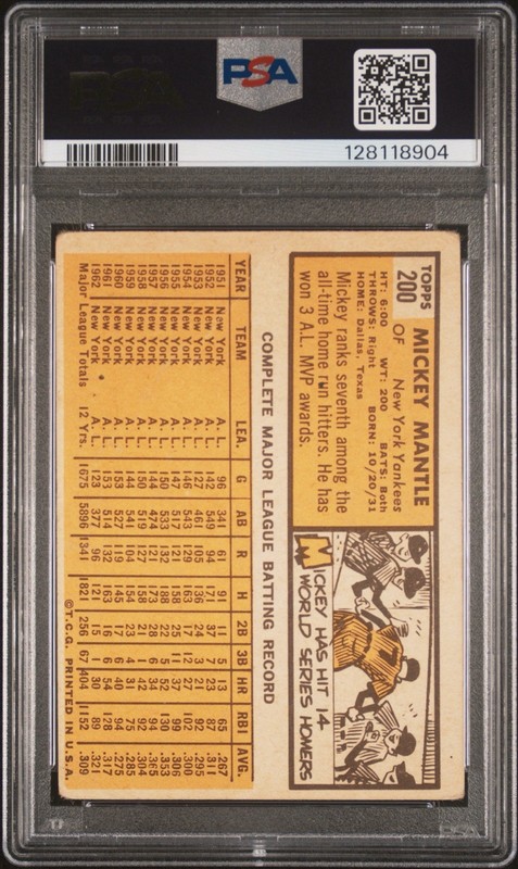 1963 Topps Mickey Mantle #200 PSA 1 view 2