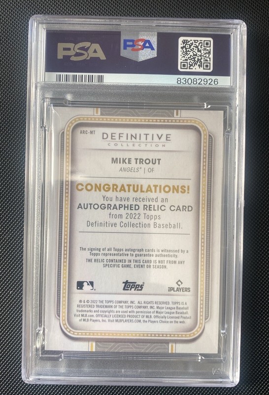 Mike Trout PSA 10 Patch Auto 2022 Topps Definitive Collection 18/20 view 2