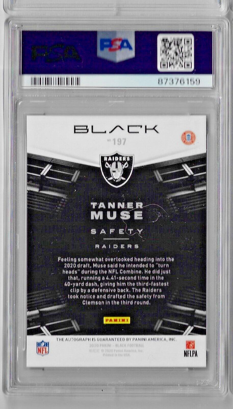 2020 Panini Black Football Rookie #197 Tanner Muse RC Auto PSA 9 view 2