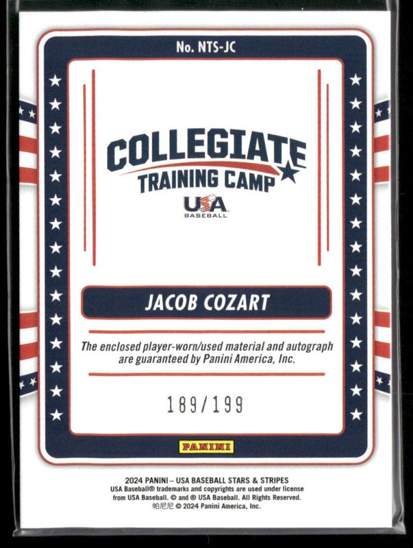 Jacob Cozart 2024 Panini Stars & Stripes USA Baseball Game Used Jersey Auto /199 view 2