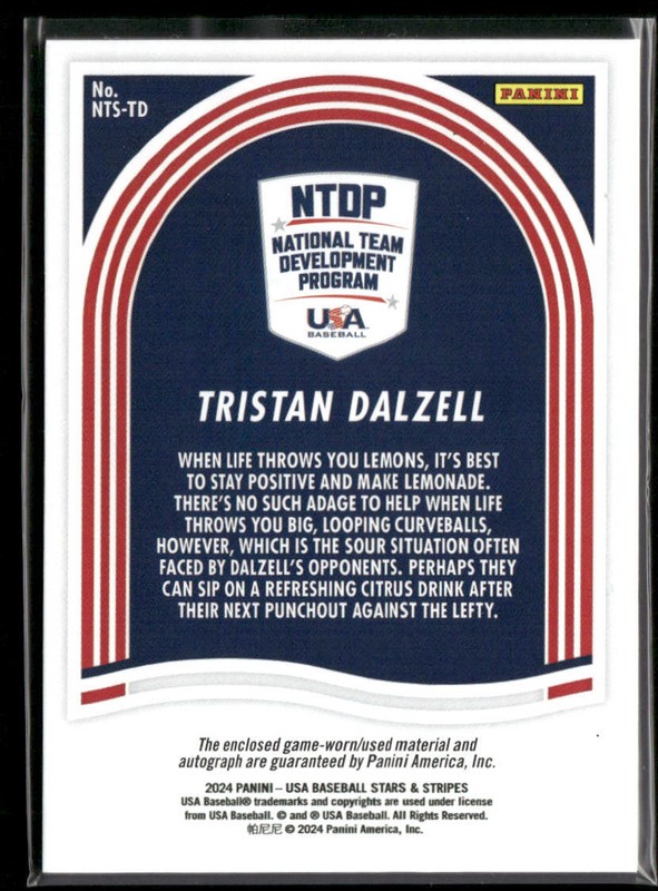 Tristan Dalzell 2024 Panini Stars & Stripes USA Baseball Game Used Jersey Auto view 2
