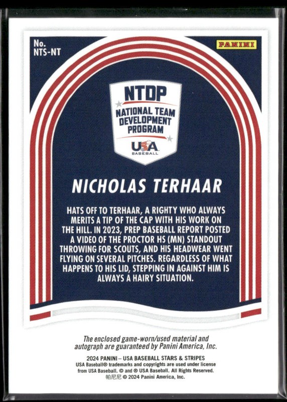 Nicholas Terhaar 2024 Panini Stars & Stripes USA Baseball Game Used Jersey Auto view 2