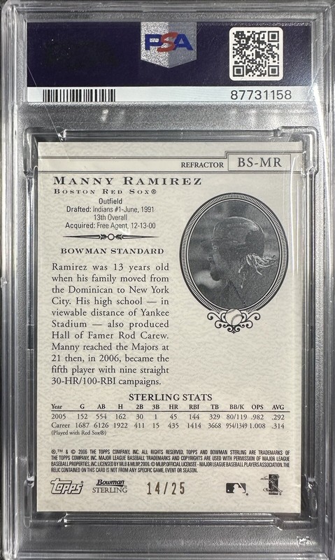 2005 Bowman Sterling Manny Ramirez Black Game Worn Patch /25 PSA 10 Gem Mint  view 2