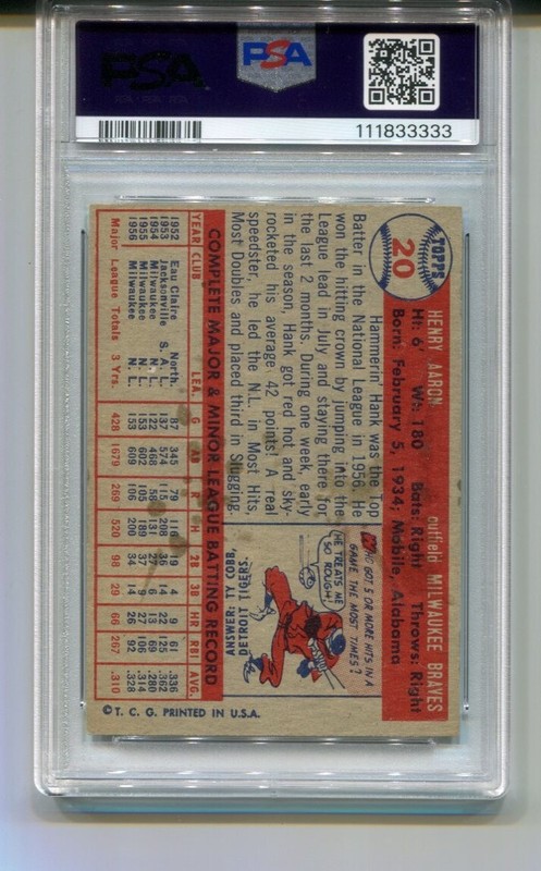 1957 Topps Hank Aaron Milwaukee Braves #20 PSA 4 view 2