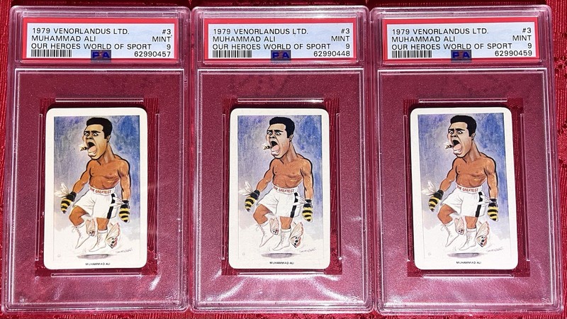 LOT X3! 1979 Muhammad Ali RARE BOXING card world of sport FLIK VENORLANDUS PSA 9 view 2
