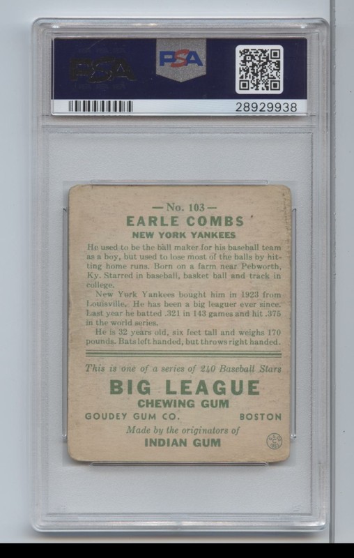 1933 Goudey Earle Combs #103 PSA 3 view 2
