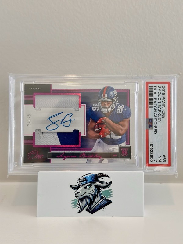 2018 Panini One Saquon Barkley Dual Patch Auto-Red #55 PSA 7 NM /25 Giants Uni