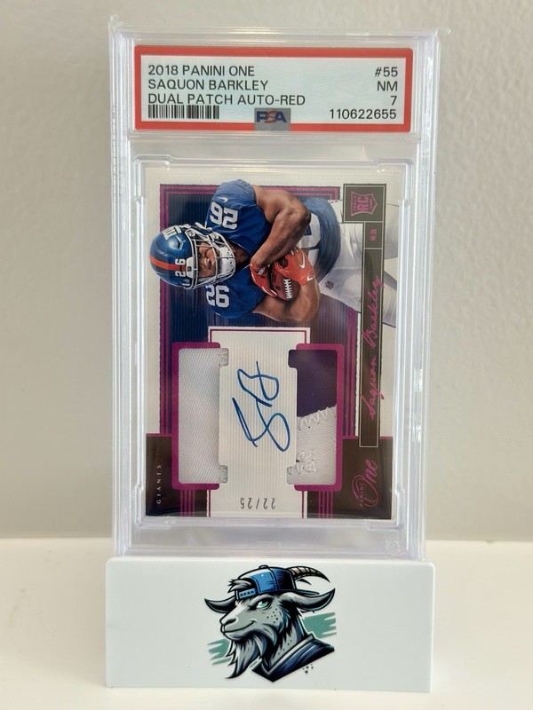 2018 Panini One Saquon Barkley Dual Patch Auto-Red #55 PSA 7 NM /25 Giants Uni view 2