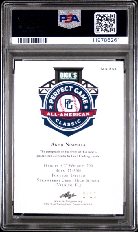 2023 LEAF METAL PERFECT GAME ALL-AMERICAN CLASSIC AKHIL NIMMALA AUTO #/20 PSA 10 view 2