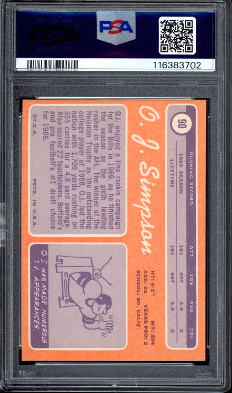 1970 Topps #90 OJ Simpson Rookie PSA 7 Vintage HOF RC Football Card (3702) view 2