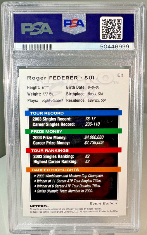 Roger Federer 2003 Netpro Elite #E3 Event Edition White Shirt Tenis GOAT PSA 10 view 2