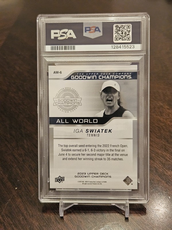 2023 Iga Swiatek /99 Upper Deck Goodwin Champions - All-World Orange (RC) PSA 10 view 2
