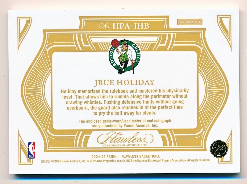 2024-25 Flawless Jrue Holiday Horizontal Patch Auto #HPA-JHB (04/25) - JSY # view 2