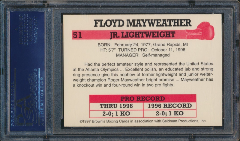 1997 BROWN'S BOXING #51 FLOYD MAYWEATHER JR. RC PSA 9 MINT ROOKIE view 2