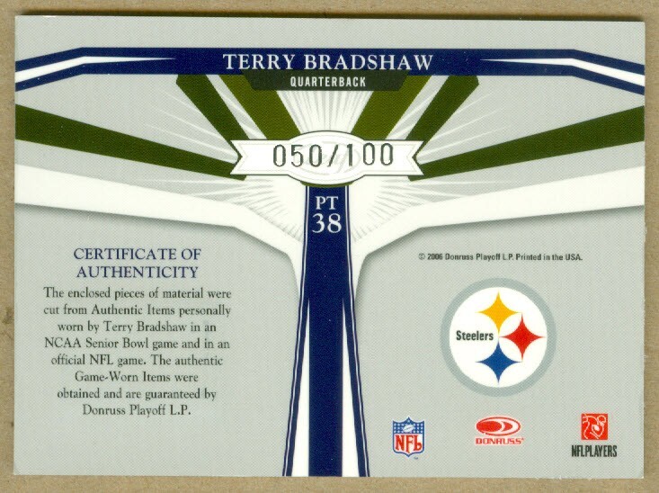 2006 Donruss Leaf Limited TERRY BRADSHAW Player Threads Game Used Jersey & Shoe view 2