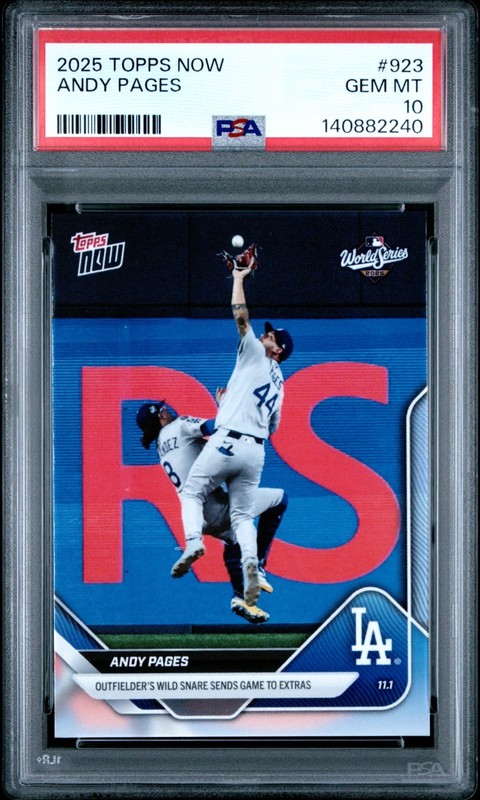 2025 Topps Now Andy Pages #923 Dodgers World Series Kike Hernandez Catch PSA 10