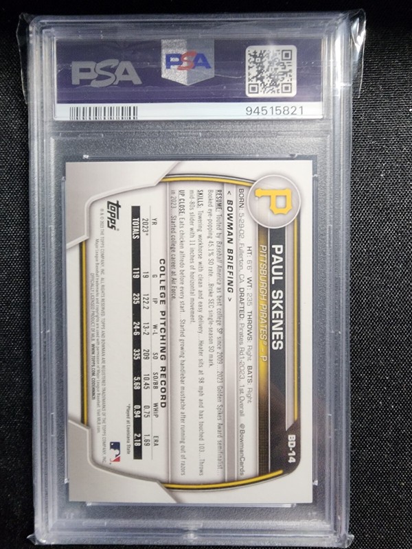 PAUL SKENES 2023 BOWMAN PAPER 1ST ROOKIE#BD-14 PIRATES GRADED PSA 10 GEM MINT RC view 2