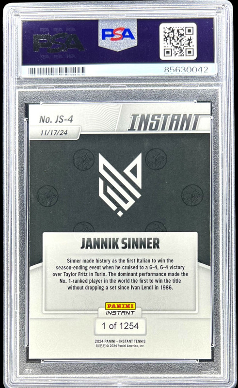 JANNIK SINNER SIGNED 2024 PANINI INSTANT ROOKIE CARD #JS-4 RC AUTO PSA/DNA view 2