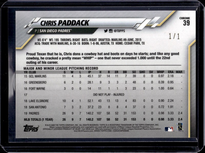 2020 Topps Chrome Chris Paddack SuperFractor 1/1 San Diego Padres 39 view 2