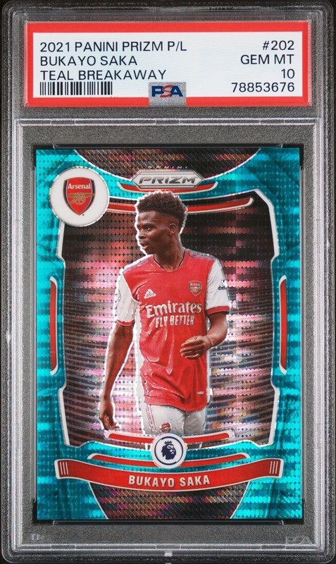 BUKAYO SAKA /49 TEAL BREAKAWAY ARSENAL 2021 PRIZM PREMIER LEAGUE #202 PSA 10