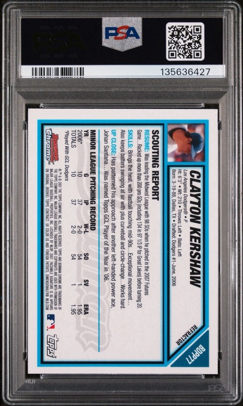 2007 Bowman Chrome Draft Refractor BDPP77 Clayton Kershaw PSA 9 view 2