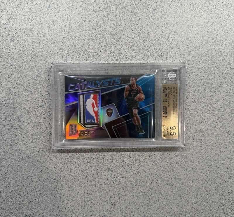 2017-18 Panini Spectra #CAT-20 Rodney Hood Game Used Logo Man Nebula 1/1 Bgs 9.5