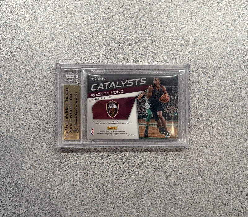 2017-18 Panini Spectra #CAT-20 Rodney Hood Game Used Logo Man Nebula 1/1 Bgs 9.5 view 2