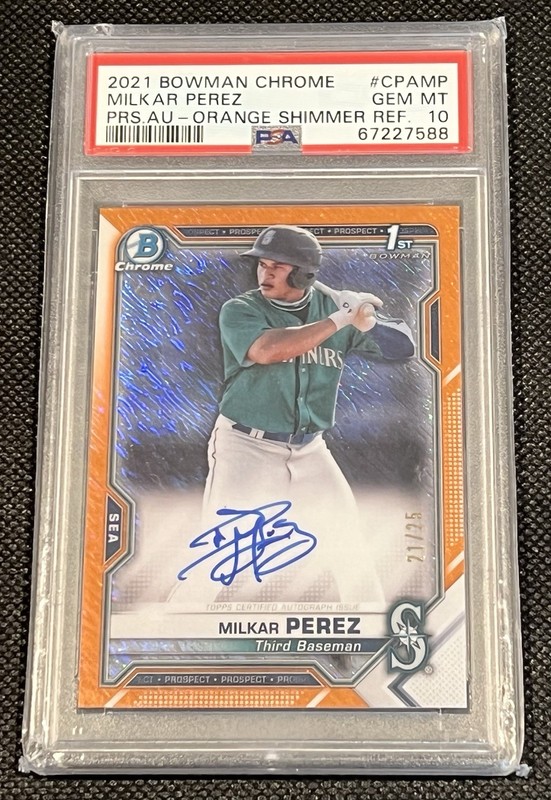 2021 1st Bowman Orange Shimmer Refractor Auto /25 MILKAR PEREZ - PSA 10