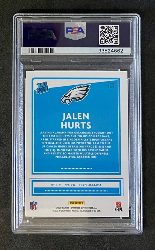 2020 Panini Donruss Optic Rated Rookie Jalen Hurts PSA 10 view 2